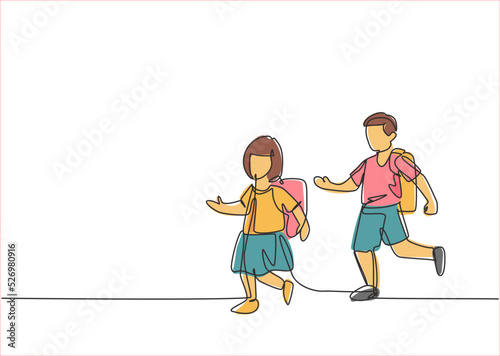 Single continuous line drawing elementary school students both boys and girls were running on the side of the road avoiding being late for school. One line draw graphic design vector illustration.