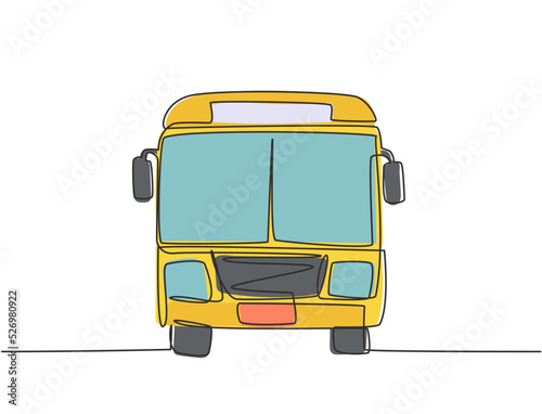 Continuous one line drawing front view of bus that is stopped at the bus stop waiting for passengers to get on and off, then continue their journey. Single line draw design vector graphic illustration