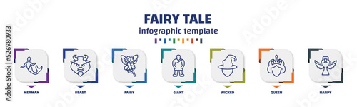 infographic template with icons and 7 options or steps. infographic for fairy tale concept. included merman, beast, fairy, giant, wicked, queen, harpy icons.
