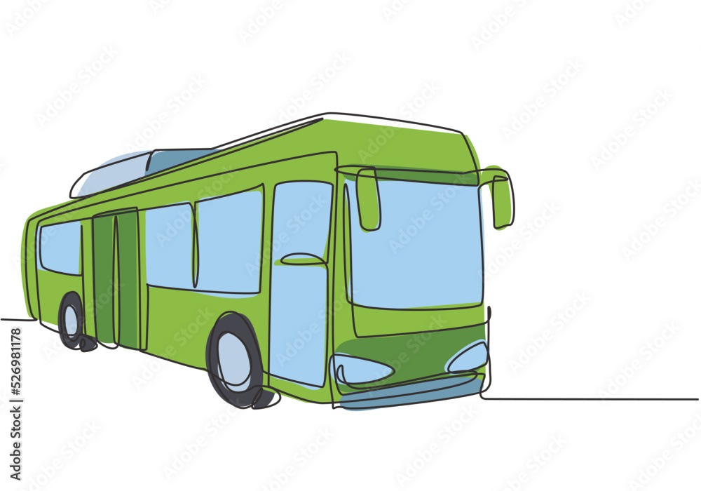 Single continuous line drawing city buses serving commuter employees and school students depart from their homes to their respective destinations. One line draw graphic design vector illustration. Single continuous line drawing city buses serving commuter employees and school students depart from their homes to their respective destinations. One line draw graphic design vector illustration.