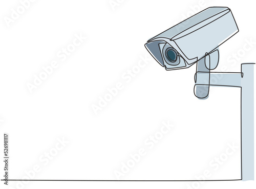 Single continuous line drawing of CCTV with a box shape installed on the side of the highway to monitor traffic movements and improve security systems. One line draw graphic design vector illustration