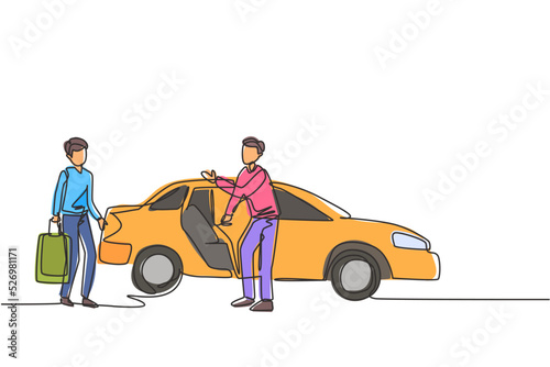 Single one line drawing of male taxi drivers are inviting prospective passengers to get inside and deliver them to their destination. Modern continuous line draw design graphic vector illustration. photo