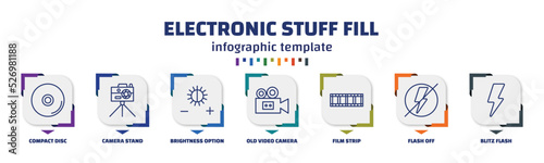 infographic template with icons and 7 options or steps. infographic for electronic stuff fill concept. included compact disc, camera stand, brightness option, old video camera, film strip, flash