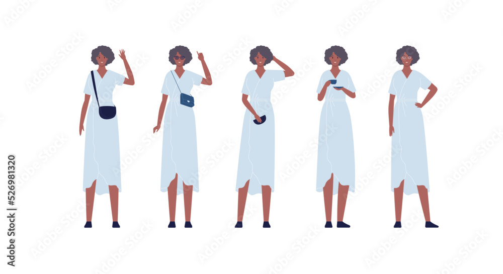 Character collection. Vector flat design people illustration set. African senior adult woman standing in white dress isolated on white background. Tea cup, bags, glasses accessories Character collection. Vector flat design people illustration set. African senior adult woman standing in white dress isolated on white background. Tea cup, bags, glasses accessories