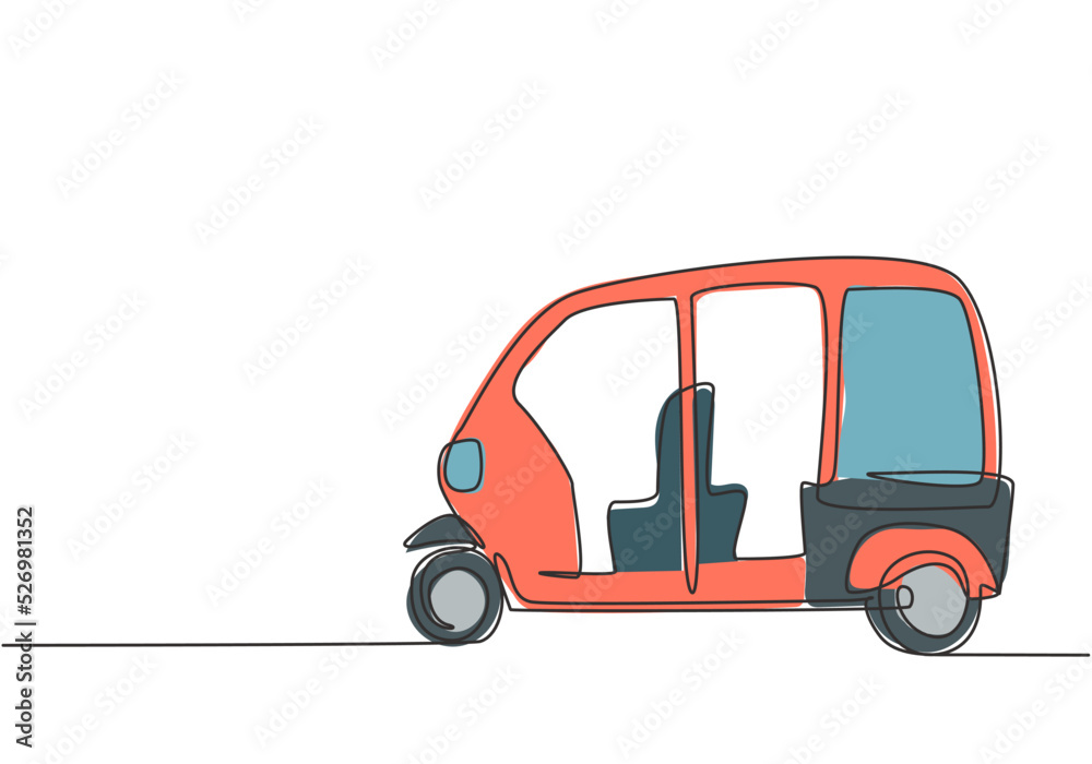 Continuous one line drawing from the side, Rickshaw is a traditional