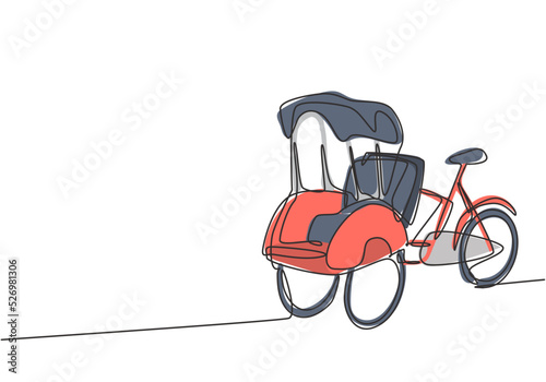 Single one line drawing pedicab with three wheels and passenger seat at the front and driver control at the rear are often found in Indonesia. Continuous line draw design graphic vector illustration. photo