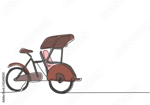 Continuous one line drawing pedicab is viewed from the side with three wheels and the front passenger seat and the driver's controls at the rear. Single line draw design vector graphic illustration. photo