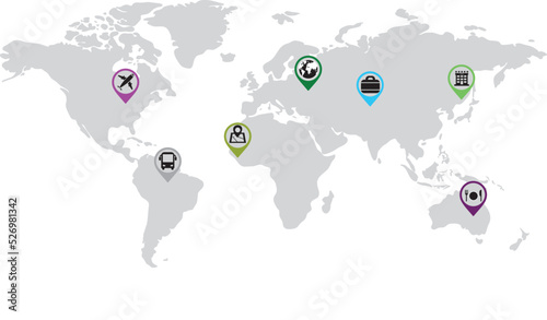 Grayscale world map with placed locations of different activity icons