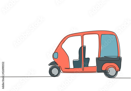 Continuous one line drawing from the side, Rickshaw is a traditional transportation in India which is still operating until now serving passengers. Single line draw design vector graphic illustration.