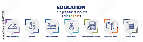 infographic template with icons and 7 options or steps. infographic for education concept. included is an element of, leisure, swing balancer, medallion, calculator and dollar, open book black