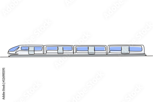 Continuous one line drawing bullet train speeding on the tracks carrying passengers who are on summer vacation. Affordable public transportation. Single line draw design vector graphic illustration. photo