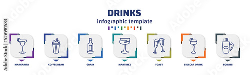 infographic template with icons and 7 options or steps. infographic for drinks concept. included margarita, coffee bean, grain, martinez, toast, sidecar drink, boiling icons.