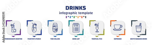 infographic template with icons and 7 options or steps. infographic for drinks concept. included pomegranate martini, planter's punch, tom collins, wine list, tropical itch, espresso, white russian
