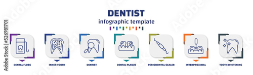 infographic template with icons and 7 options or steps. infographic for dentist concept. included dental floss, inner tooth, dentist, dental plaque, periodontal scaler, interproximal, tooth