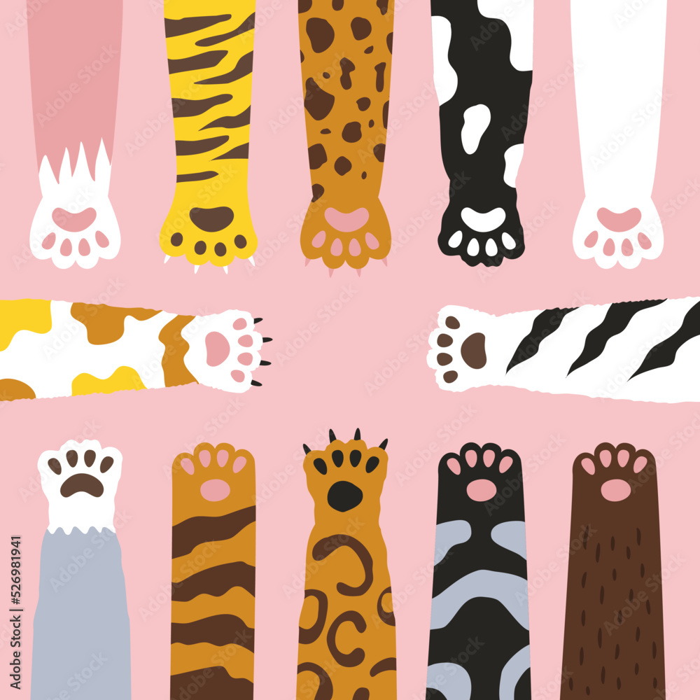 Cat paw and dog paw cat breed doodle illustration character. paws raised hand. kitten footprints. kitty feline spotted vector illustration Cat paw and dog paw cat breed doodle illustration character. paws raised hand. kitten footprints. kitty feline spotted vector illustration