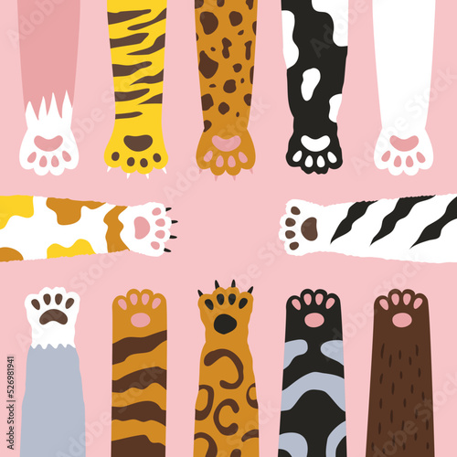 Cat paw and dog paw cat breed doodle illustration character. paws raised hand. kitten footprints. kitty feline spotted vector illustration