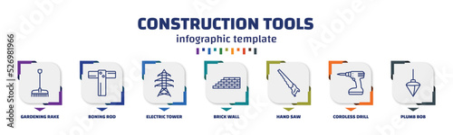 infographic template with icons and 7 options or steps. infographic for construction tools concept. included gardening rake, boning rod, electric tower, brick wall, hand saw, cordless drill, plumb