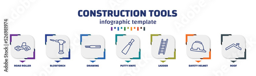 infographic template with icons and 7 options or steps. infographic for construction tools concept. included road roller, blowtorch, drawing, putty knife, ladder, safety helmet, roof icons.