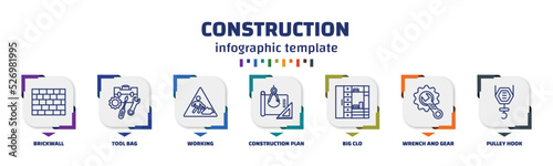 infographic template with icons and 7 options or steps. infographic for construction concept. included brickwall, tool bag, working, construction plan, big clo, wrench and gear, pulley hook icons.