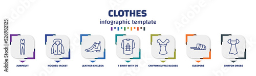 infographic template with icons and 7 options or steps. infographic for clothes concept. included jumpsuit, hooded jacket, leather chelsea boots, t shirt with de, chiffon suffle blouse, sleepers,