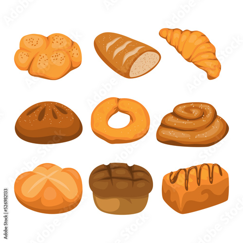 Set of bread icons. Fresh baking bakery. Rye, whole grain and wheat bread, pretzel, muffin, pita , ciabatta, croissant, bagel, toast bread, french baguette for design menu bakery. 