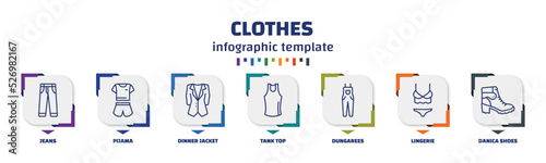 infographic template with icons and 7 options or steps. infographic for clothes concept. included jeans, pijama, dinner jacket, tank top, dungarees, lingerie, danica shoes icons.