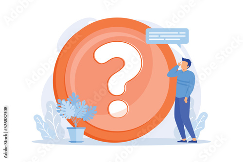 Website FAQ section. User helpdesk, customer support, frequently asked questions. Problem solution, quiz game Confused man cartoon character.