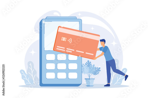 Financial transactions, money operations. Payment options, cash and cashless, contactless payment. Credit card shopping idea design element.