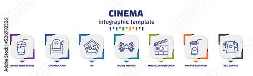 infographic template with icons and 7 options or steps. infographic for cinema concept. included drink with straw, cinema chair, 4k, movie award, movie clapper open, papper cup with straw, red