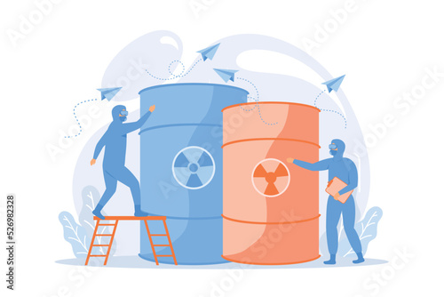 Radioactive barrels. People in protective suits with biological weapon. Chemical products. Poisonous substance, toxic casks, nuclear danger.