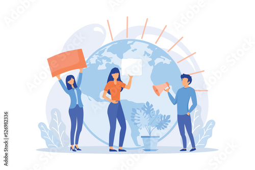 Save planet idea. Group of ecological protestors. Environmental demonstration, ecology protection, eco protest. People with placards protesting