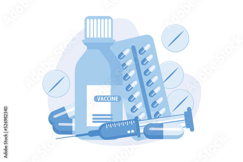 Medications prescription. Disease treatment, health care, medical drugs. Pills bottles, capsules and syringe with vaccine. Pharmacy products flat vector modern illustration