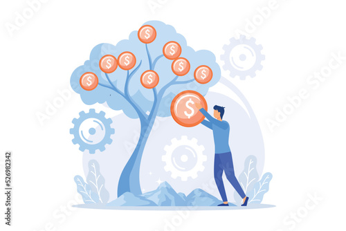 Deposit withdrawal. Bank client, taking loan. Money lending, return on investment, salary payment. Banker, depositor plucking coins from tree. flat vector modern illustration