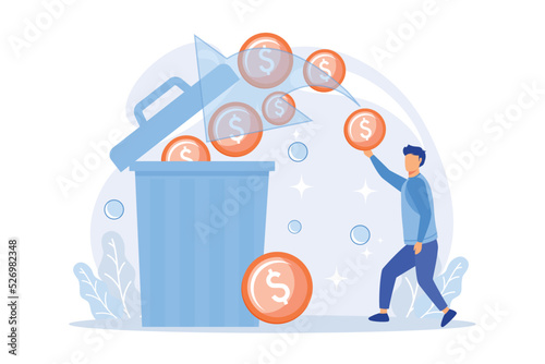 Man overspending, throwing coins in dustbin. Money waste, unprofitable investment, bad finances management. Financial bankruptcy, guy losing savings. flat vector modern illustration photo