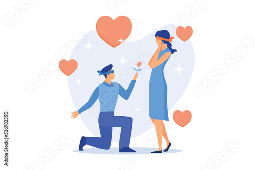 Young man and woman on blind date. Romantic surprise, amorous feelings expression, blindfolded lovers. Boyfriend giving girlfriend flower. flat vector modern illustration