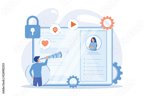 Social media stalking. Invasion in online privacy. Cyberstalking, following, geotagging. Guy with binoculars looking at girls social profile. flat vector modern illustration