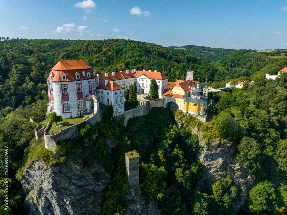 Czechia. Vranov nad Dyji Aerial View. Baroque castle and city in Moravian region in Czech Republic. Dyje river.  Vranov nad Dyjí Chateau. Czechia.
