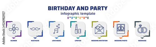 infographic template with icons and 7 options or steps. infographic for birthday and party concept. included blower, mustache, love music, lipstick, wedding invitation, wedding photo, marriage
