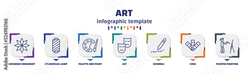 infographic template with icons and 7 options or steps. infographic for art concept. included japanese ornament, cylindrical lamp, palette and paint brush, act, scribble, ches, painter painting