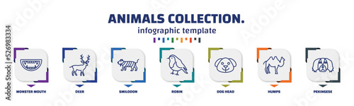 infographic template with icons and 7 options or steps. infographic for animals collection. concept. included monster mouth, deer, smilodon, robin, dog head, humps, pekingese icons.