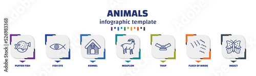infographic template with icons and 7 options or steps. infographic for animals concept. included puffer fish, fish eye, kennel, mouflon, trap, flock of birds, insect icons.