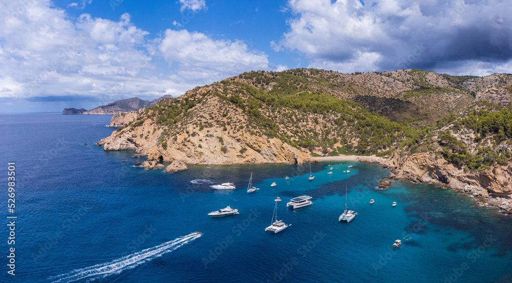 pleasure boats anchored in Cala d´Egos, Andratx coast, Majorca, Balearic Islands, Spain