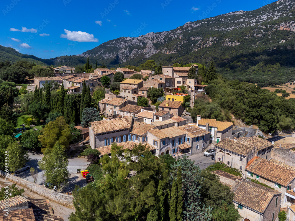 aerial view from the top of the hill, Orient village, Bunyola, Majorca, Balearic Islands, Spain
