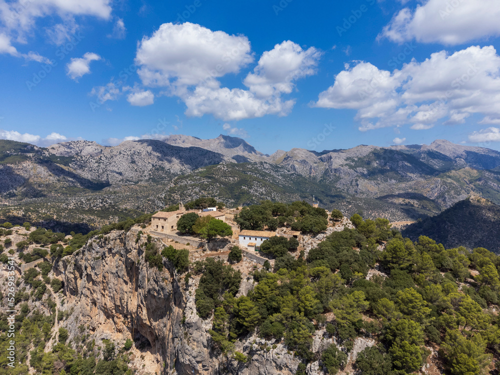 Alaró Castle , aerial view of the hermitage and the Hospice, Majorca, Balearic Islands, Spain