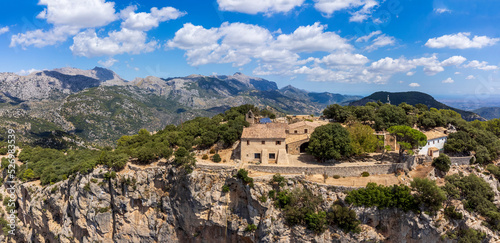 Alaró Castle , aerial view of the hermitage and the Hospice, Majorca, Balearic Islands, Spain