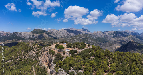 Alaró Castle , aerial view of the hermitage and the Hospice, Majorca, Balearic Islands, Spain