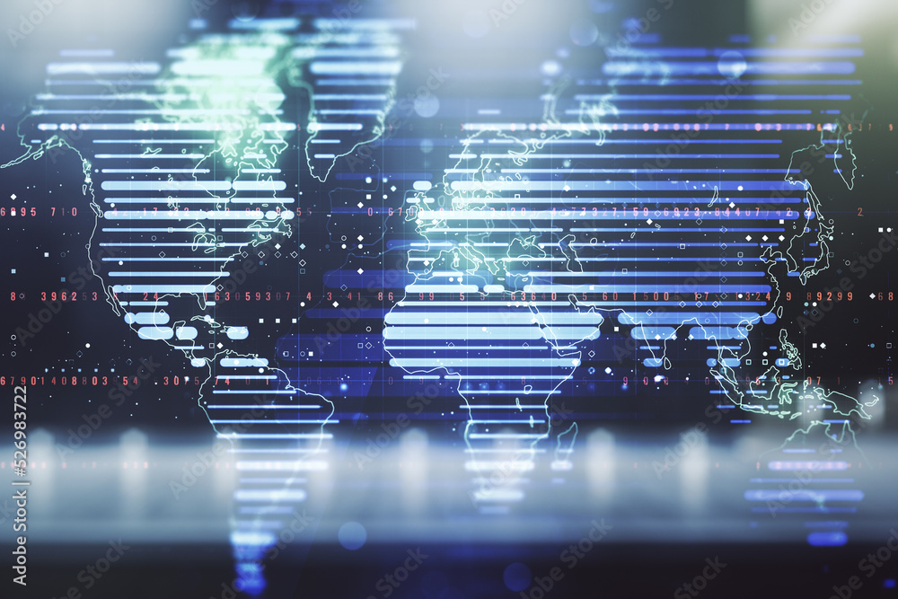 Multi exposure of abstract graphic world map on blurry contemporary office building background, big data and networking concept