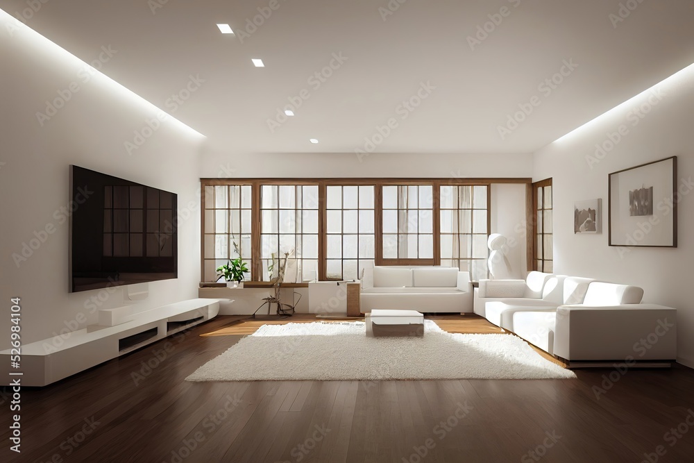 Obraz premium modern scandinavian house interior, wooden floor, white wall, 3d render, 3d illustration