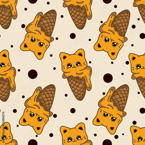 Vector seamless pattern with hand drawn illustration of cat in ice cream corner. Template for card, poster, banner, print for t-shirt, pin, badge, patch. Surrealism style illustration.