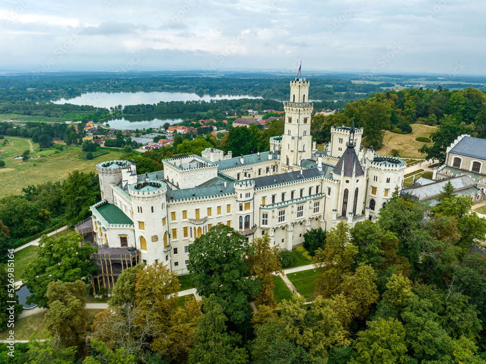 Aerial View of Neo-Gothic Castle Hluboká nad Vltavou, Czechia, Europe. 